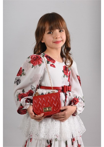 Çiçekli ve Çantalı Kat Kat Uzun Kız Çocuk Elbisesi ,kemerli Kız Çocuk Elbise, Doğum Günü Elbisesi modelleri