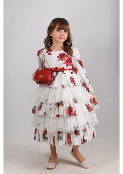 Çiçekli ve Çantalı Kat Kat Uzun Kız Çocuk Elbisesi ,kemerli Kız Çocuk Elbise, Doğum Günü Elbisesi fırsatları