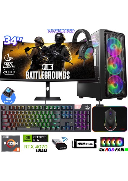 Delux X121 Ryzen 5 5600 32GB Ram 512GB M.2 Nvme SSD 12GB RTX4070 Super 34" 180Hz Curved Oyuncu Bilgisayarı