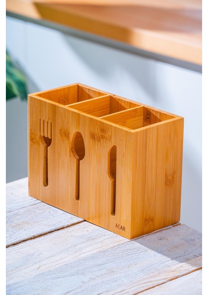Bambu Çatal Kaşık Bıçak Standı 23 Cm
