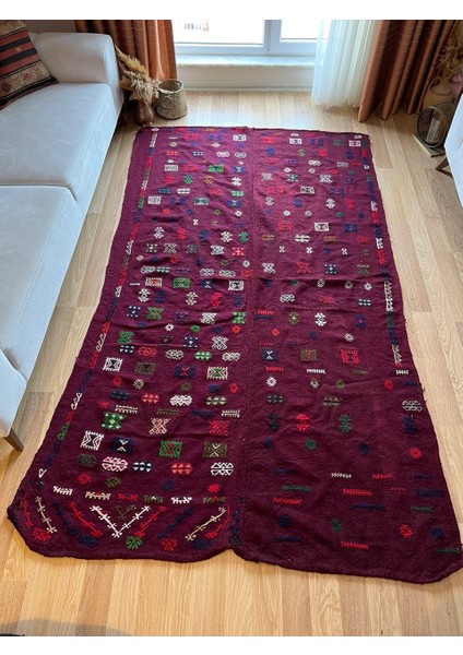 152 x 268 cm el Dokuma Kilim Halı, Yıkanabilir Bordo Kilim, Boho Stili Büyük Boy Halı