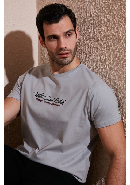 Pamuklu Slim Fit Bisiklet Yaka Yazılı T Shirt Erkek T SHİRT 541ENJOY