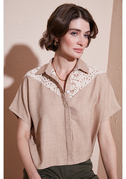 Dantelli Relaxed Fit Kısa Kollu Gömlek Bayan GÖMLEK 5865764