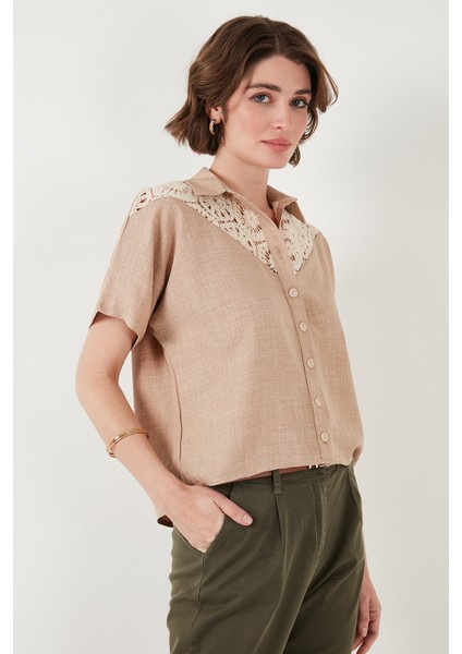 Dantelli Relaxed Fit Kısa Kollu Gömlek Bayan GÖMLEK 5865764