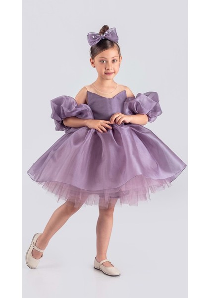 Kız Çocuk Abiye Elbise Uzun Kol Tül Detaylı Özel Günler İçin