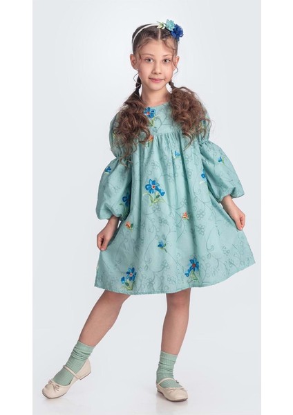 Otantik Akdeniz Çiçek Nakışkız Çocuk Müslin Elbise M00706