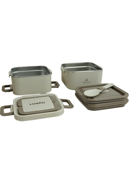 Bento Kare 2 Katlı Lunch Box Yemek Termosu Bej 1400 ml