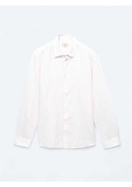 Pembe Çizgili Regular Fit Dokuma Casual Pamuk Karışımlı Gömlek