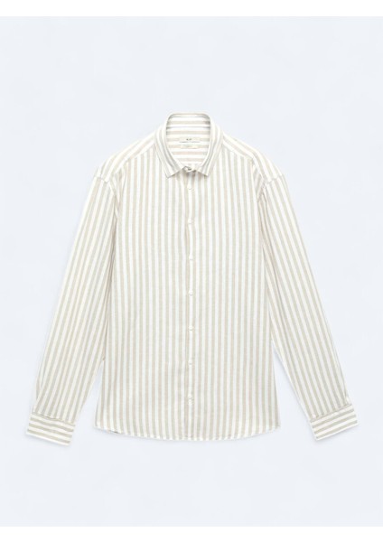 Bej Çizgili Regular Fit Dokuma Casual Pamuk Karışımlı Gömlek