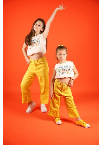 04-14 Yaş Kız Çocuk Paça Detay Sarı Pantalon