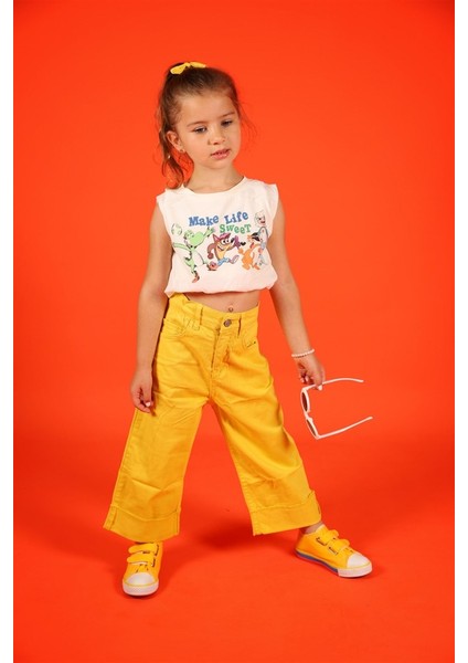 04-14 Yaş Kız Çocuk Paça Detay Sarı Pantalon