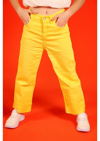 04-14 Yaş Kız Çocuk Paça Detay Sarı Pantalon