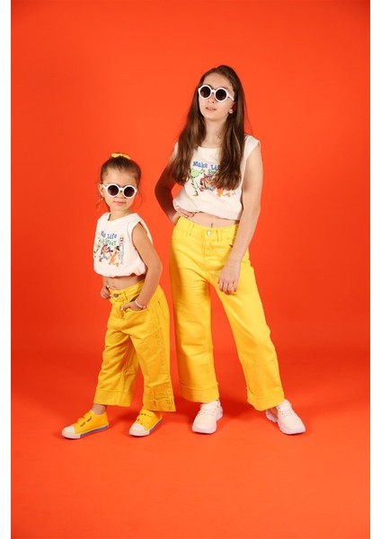 04-14 Yaş Kız Çocuk Paça Detay Sarı Pantalon