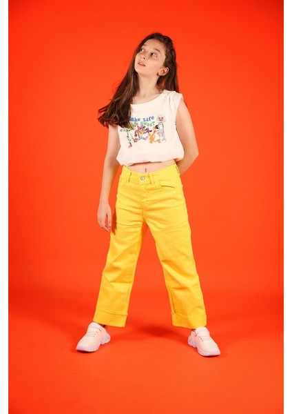 04-14 Yaş Kız Çocuk Paça Detay Sarı Pantalon