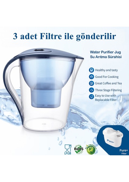 Su Arıtma Sürahisi + 3 Adet Filtre I Pure+ ve Maxtra+ Filtreleri ile Uyumlu