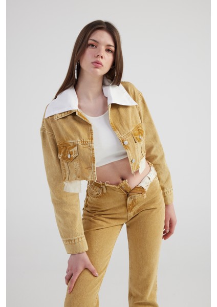 Mermer Desenli Çıkarılabilir Yaka Detaylı Crop Kesim Cepli Rusted Jean Ceket Camel