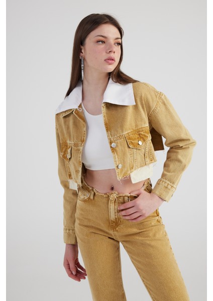 Mermer Desenli Çıkarılabilir Yaka Detaylı Crop Kesim Cepli Rusted Jean Ceket Camel