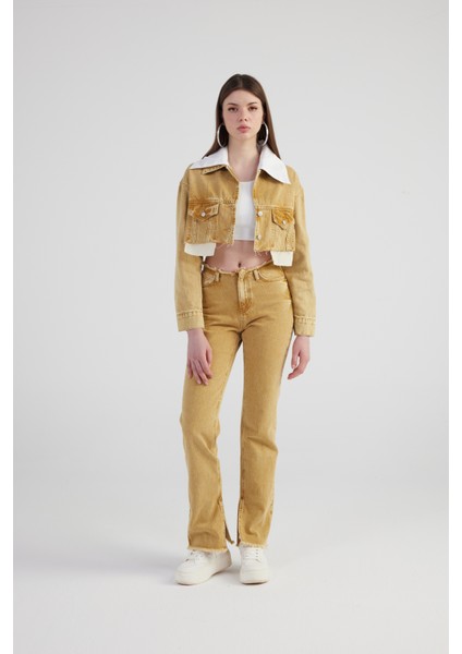 Mermer Desenli Çıkarılabilir Yaka Detaylı Crop Kesim Cepli Rusted Jean Ceket Camel