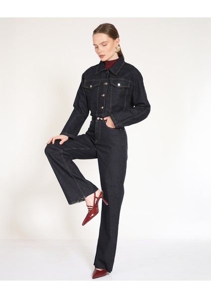 Koyu Mavi Crop Denim Ceket