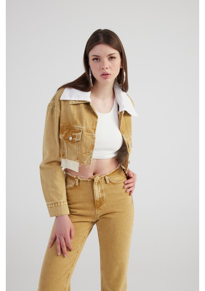 Mermer Desenli Çıkarılabilir Yaka Detaylı Crop Kesim Cepli Rusted Jean Ceket Camel
