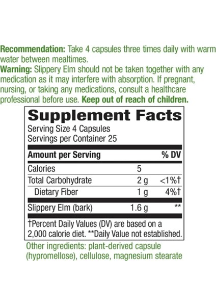 Nature's Way, Slippery Elm Bark, 1,600 Mg, 100 Vegan Capsules.made In Usa fırsatları