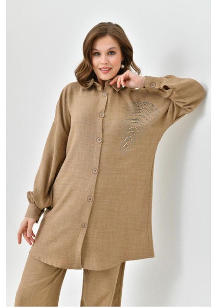 Önü Taşlı Keten Takım modelleri