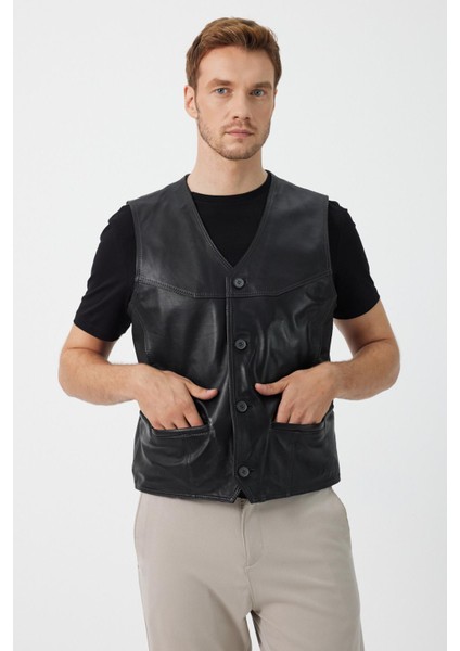 Alcide Siyah Deri Yelek