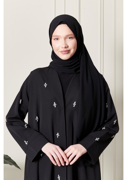 Siyah Önü Çıtçıtlı Cepli Taş Işlemeli Abaya - Ferace