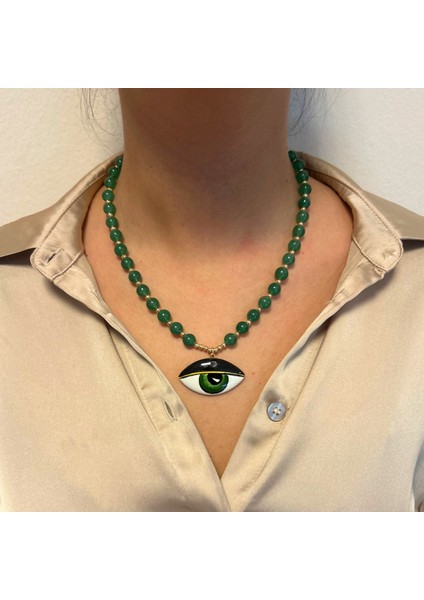 El Yapımı Yeşim Doğal Taş El Işi Seramik Evil Eye Göz Nazar Uçlu Özel Tasarım Kadın Kolye