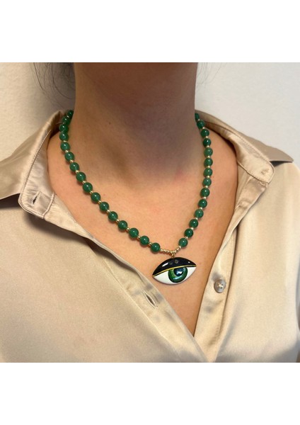 El Yapımı Yeşim Doğal Taş El Işi Seramik Evil Eye Göz Nazar Uçlu Özel Tasarım Kadın Kolye fırsatları