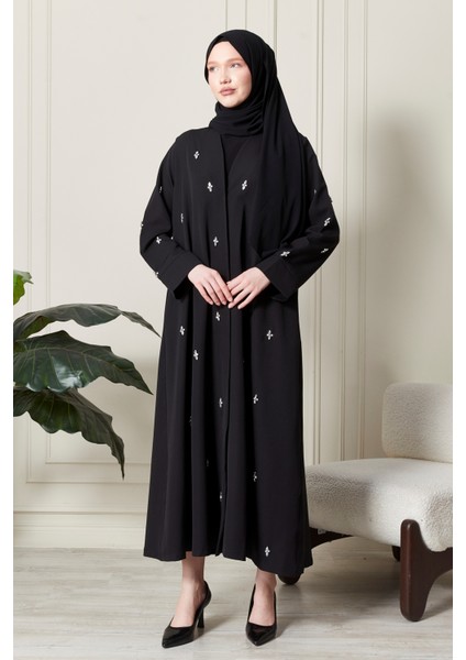 Siyah Önü Çıtçıtlı Cepli Taş Işlemeli Abaya - Ferace