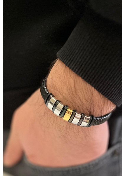 Örgü Deri ve Kararmaz Çelik Mixli Erkek Bileklik 21 cm