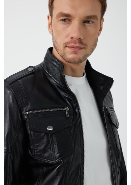 Diocle Siyah Deri Mont Erkekler İçin Hakim Yakalı Şık Tasarım El İşçiliği