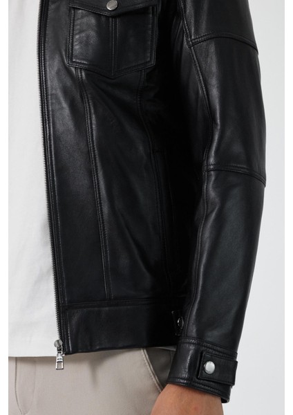 Diocle Siyah Deri Mont Erkekler İçin Hakim Yakalı Şık Tasarım El İşçiliği