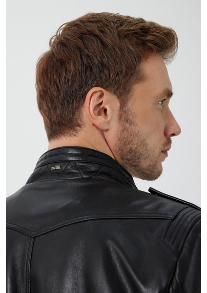 Diocle Siyah Deri Mont Erkekler İçin Hakim Yakalı Şık Tasarım El İşçiliği