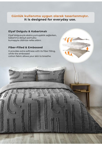 Pamuklu Sasha Kabartmalı Yatak Örtüsü Takımı Tek Kişilik Günlük Boho 2 Parça Elyaf Dolgulu