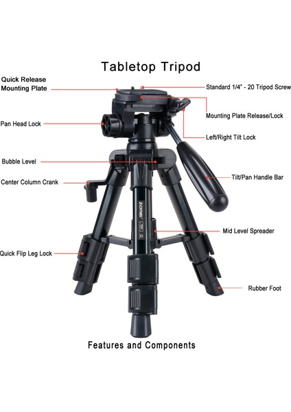 Zomei Q100 Tam Profesyonel Tripod Kaliteli Alüminyum Taşınabilir Tripod Masaüstü Telefon/tablet Projeksiyon Tripodu Telefon Tutucu ve Bluetooth Kumanda ile Birlikte