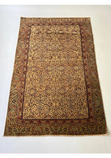 105X162 cm Bej Çiçek Desenli Antika Halı, Geleneksel Uşak Halısı, El Yapımı Yün Oriental Halı