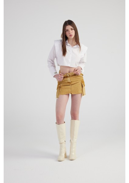 Mermer Desenli Kargo Cep Detaylı Mini Rusted Jean Etek Camel