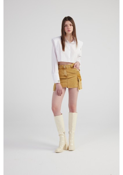 Mermer Desenli Kargo Cep Detaylı Mini Rusted Jean Etek Camel fiyatları