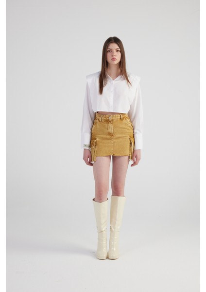 Mermer Desenli Kargo Cep Detaylı Mini Rusted Jean Etek Camel modelleri