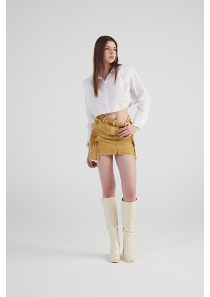 Mermer Desenli Kargo Cep Detaylı Mini Rusted Jean Etek Camel fırsatları