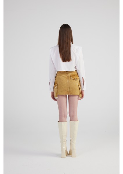 Mermer Desenli Kargo Cep Detaylı Mini Rusted Jean Etek Camel indirimleri