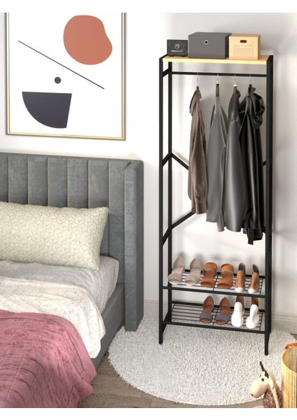 Ludlow 3 Raflı Metal Elbise Askılığı Ayakkabılık Portmanto LU15-SM