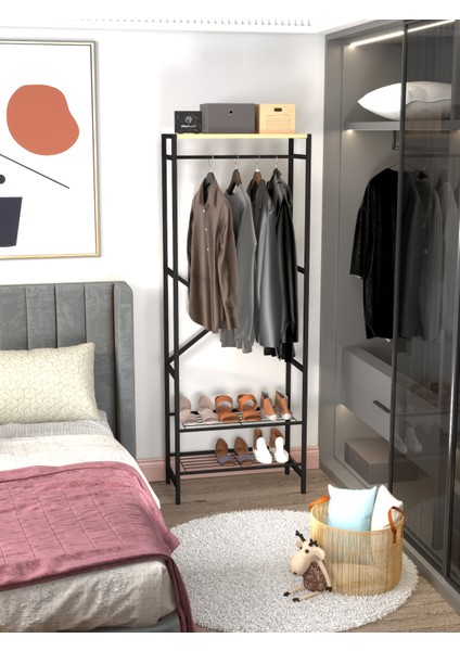 Ludlow 3 Raflı Metal Elbise Askılığı Ayakkabılık Portmanto LU15-SM