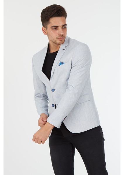 5123 Dar Kalıp Keten Buz Mavisi Erkek Blazer Ceket