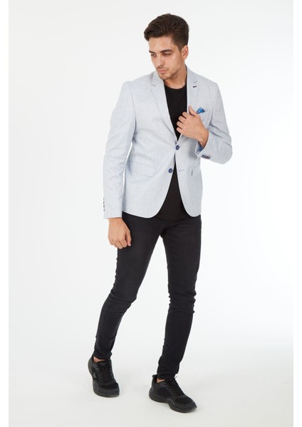 5123 Dar Kalıp Keten Buz Mavisi Erkek Blazer Ceket