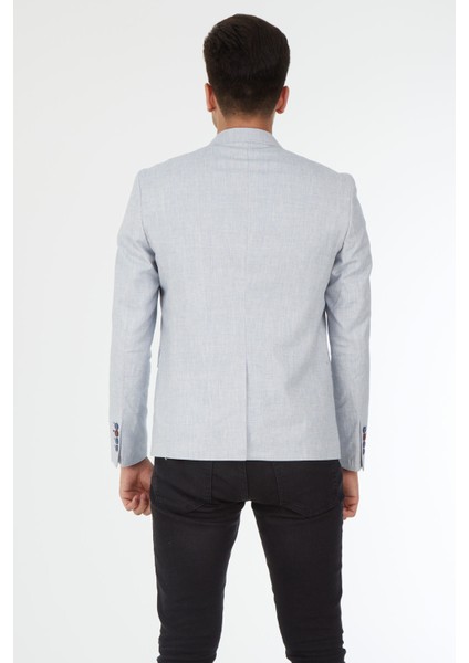 5123 Dar Kalıp Keten Buz Mavisi Erkek Blazer Ceket