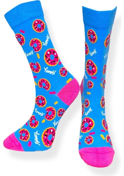 Tekli Unisex Donut Desenli Mavi Renkli Esnek Nem Alabilen Pamuklu Çorap