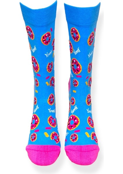 Tekli Unisex Donut Desenli Mavi Renkli Esnek Nem Alabilen Pamuklu Çorap